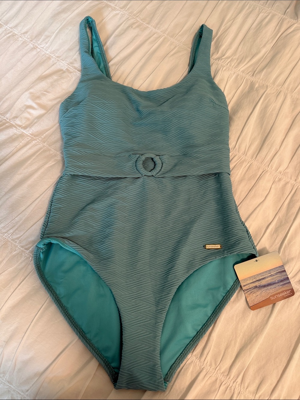 Teal Textured One-Piece Swimsuit with Waist Ring
